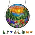 Stained Glass Acrylic Suncatcher Window Hanging Nature Landscape Art Ornament with Animal Pendants - PT-TYU021