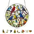 Acrylic bird suncatcher puzzle window hanging detail view, colorful stained glass style decor. - PT-TYU026