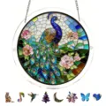 Stained glass peacock acrylic suncatcher window hanging decor with metal chain for home wall. - PT-TYU027