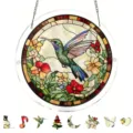 Acrylic stained glass suncatcher detail showing hummingbird and colorful flower pattern design. - PT-TYU031