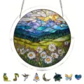 Acrylic stained glass suncatcher puzzle window hanging with mountain forest daisy landscape. - PT-TYU033