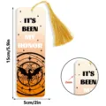 Detailed view of colorful acrylic bookmark with golden tassel, dragon design and size specs. - Tassel Bookmarks / 2mm Transparent Acrylic with Gold Tassel / SQTYU120