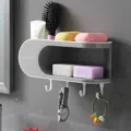 Doppelter Seifenhalter wandmontiert Badezimmer Ablage Regal Organizer mit Haken fur Zuhause. - Aufgewerteter Stil (Mit 4 Haken) / Grau