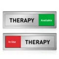 Detailed view of sliding therapy room door status sign featuring metal brushed finish. - ZTP112 Therapy Room Sign