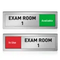 Detailed view of brushed metal sliding door sign with clear room number and status display. - ZTP115 Exam Room 1 Sign