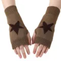 Detailed view of brown knitted fingerless gloves with a classic star pattern for cozy wear. - Khaki