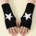 Black knitted fingerless gloves with white star pattern, cozy winter arm warmers for daily. - Black