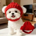 Cute red pet knitted hat for small dogs and cats, warm winter headgear and cute pet accessory. - Red