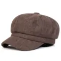 Retro brown herringbone newsboy cap for men and women, classic autumn winter octagonal hat. - One Size / Khaki