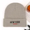 Grey knitted beanie hat winter warm ribbed cuff cap with New York embroidery letters style - Khaki