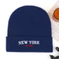Navy blue knit beanie hat for men and women, cozy winter warm embroidered letter cap with casual street style. - Navy Blue
