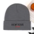 Grey knitted beanie hat for winter, warm cuff cap with embroidered New York letters style. - Gray