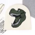 Winter knit beanie for adults, cute dinosaur graphic design, cozy warm skull cap for outdoor. - M (56-58cm) / Beige