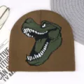 Winter warm knit beanie hat for men and women featuring a cool dinosaur T-Rex graphic design. - M (56-58cm) / Dark Khaki