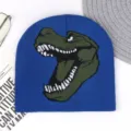 Winter blue knitted beanie hat for men and women, cute dinosaur graphic warm pull-on knit cap. - M (56-58cm) / Blue