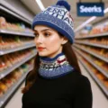 Cozy winter knitted hat and scarf set with cute Christmas deer pattern and warm pom pom. - Blue