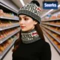 Christmas knitted beanie hat and scarf set with cute reindeer pattern and fluffy pom pom. - Black