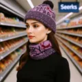 Christmas knitted pom pom beanie hat and neck warmer scarf set for women winter warm - Purple