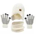 Conjunto de gorro bufanda y guantes táctiles de invierno, gorro cálido forrado. - Blanco
