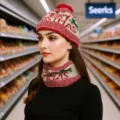 Christmas knitted hat and scarf set for women, warm winter beanie with pom pom. - Red