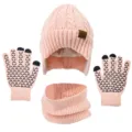 Conjunto de gorro de punto rosa de invierno, bufanda tubo y guantes táctiles cálidos. - Rosa