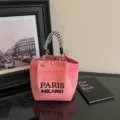 Sac seau en tricot rose avec poignée pied de poule et inscription Paris Milano sac à main mode. - Rose