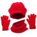 Ensemble de bonnet d'hiver tricoté rouge uni, tour de cou et gants tactiles - Rouge