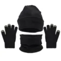 Conjunto de invierno de punto negro con gorro, calentador de cuello y guantes táctiles para el frío. - Negro