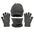 Conjunto de invierno de 3 piezas de punto con gorro, bufanda cuello y guantes táctiles en gris oscuro. - Gris oscuro
