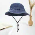 Chapeau bob en denim lave avec corde anti-vent protection solaire large bord chapeau de peche - Bleu Marine