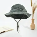 Chapeau bob en denim lavé pour extérieur, large bord protection solaire avec corde. - Vert Militaire