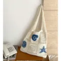 Sac bandoulière en tricot blanc crème avec motifs marins bleus, cabas de plage de vacances. - Beige (Coquillage Étoile de Mer Escargot)