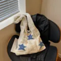 Sac à Bandoulière de Plage en Tricot Crème Décontracté avec Motif Étoile Bleue Choix - Beige avec Bleu (Étoile de Mer)