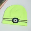 Neon grüne LED Strickmütze mit USB aufladbarem Licht und reflektierenden Streifen. - Leuchtgelb Zwei Streifen