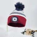 LED knit beanie winter warm hat with built-in rechargeable headlamp for outdoor sports - Red Brim Blue Top