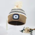 LED knit winter hat with pom-pom warm woolen beanie for men and women unisex style - Khaki Brim Cream Top