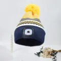 Unisex Winter Knitted Beanie Hat with Built-in LED Headlamp Warm Pom Pom Cap for Outdoor - Navy Brim Yellow Top