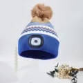 LED knitted winter beanie hat with pompom, blue and white striped warm thermal cap for unisex. - Blue Brim Khaki Top