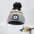LED knitted beanie hat for winter warmth, stylish ribbed design with comfortable fleece lining. - Grey Brim Khaki Stripes