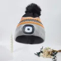 Winter warm knitted LED beanie hat with pom pom, unisex thick thermal wool cap for cold weather. - Grey Brim Orange Stripes