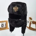 Colbacco Russo Nero da Inverno Caldo Cappello Aviatore con Copriorecchie e Maschera con Fregio - Aquila bicefala nera