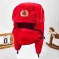 Cappello ushanka invernale rosso con maschera e distintivo stella, caldo cappello - Logo spiga di grano rosso