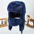 Cappello da pompiere ushanka invernale in peluche tinta unita con maschera, caldo cappello antivento - Blu Marino Tinta Unita