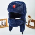 Berretto ushanka invernale in peluche unito con stemma a stella rossa, cappellino caldo antivento. - Stella rossa blu navy a cinque punte