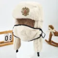 Cappello da cacciatore invernale bianco con maschera facciale e stemma aquila russa - Aquila bicefala beige