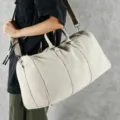 Large capacity beige canvas travel duffel bag shoulder crossbody gym bag for daily use. - White
