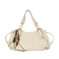 Borsa a spalla morbida in pelle da donna borsa tote casual con coulisse e ciondoli di perle. - con portachiavi / Bianco avorio