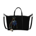 Black suede tote bag for women with chic flower charm, stylish commuter crossbody shoulder bag. - With Pendant / Black