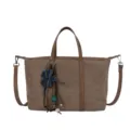 Women brown suede tote bag, stylish commuter shoulder bag with cute flower charm and handles. - With Pendant / Khaki