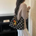 Borsa a tracolla vintage nera a pois da donna grande capacità borsa shopper casual. - con portachiavi / Nero